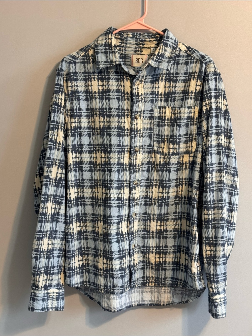 BDG Urban Outfitters Men’s M Plaid Corduroy Button Up Shirt Blue Cream